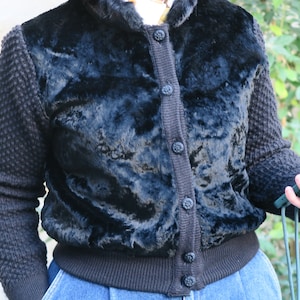 Faux fur bomber jacket and knitted sleeves, Jean Dessès, Paris, made in France