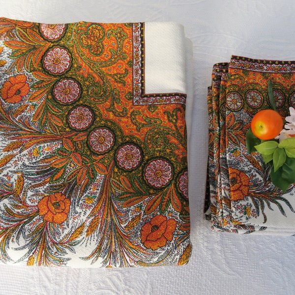Linge de table nappe rectangulaire et 8 serviettes, blanc et orange, blé et fleurs d'été