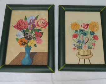 Pinturas naturalistas, desenhos de flores, molduras de couro verde, vendidas individualmente