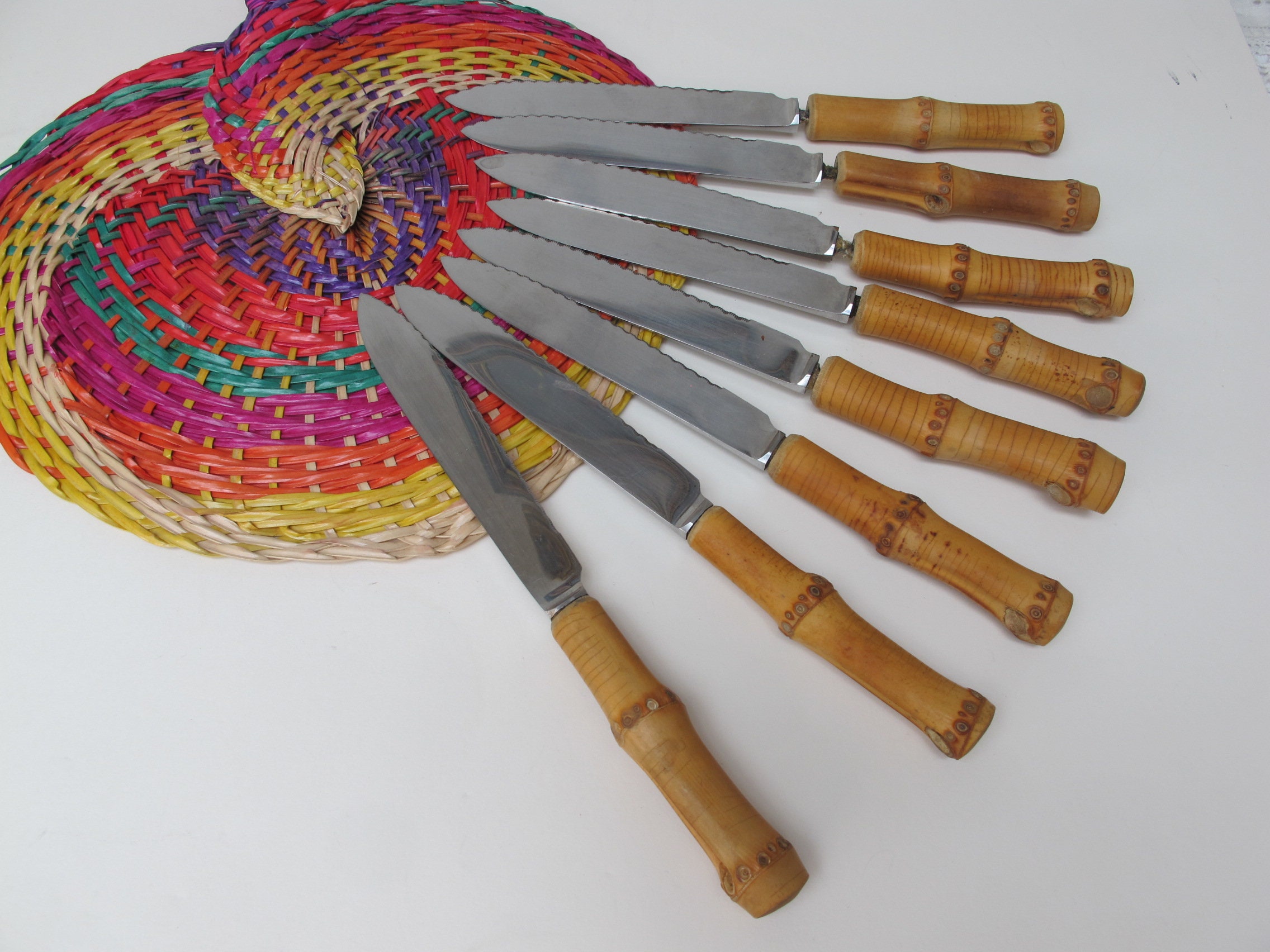 Lot de 8 Couteaux à Dents Table Manche en Bambou Gbd