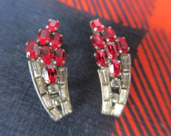 Pair of red and white rhinestone clip-on earrings