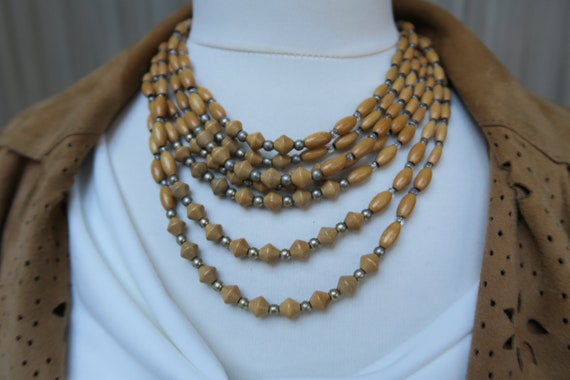 Collier Long Vintage Multi-Chaînes Et Perles En Bois - Rouge - Occasion