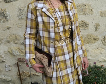 Yellow Scottish fabric dress and jacket suit, handmade