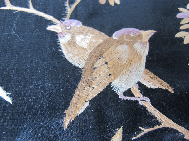 Embroidered silk panel art embroidery Asian-inspired decorative panel birds in a flowering tree