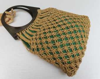 Green fabric braided rope handbag, sisal bag