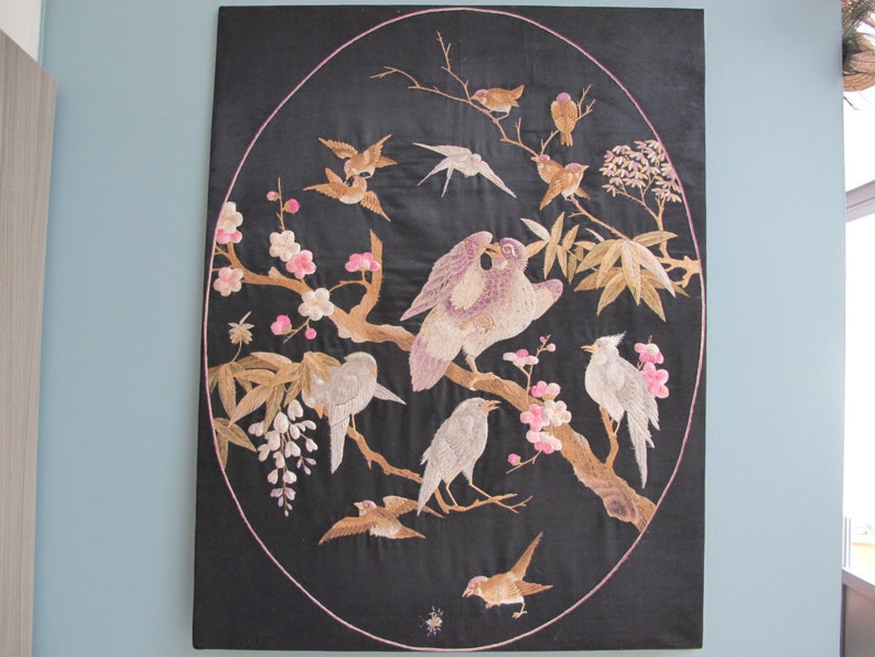 Embroidered silk panel art embroidery Asian-inspired decorative panel birds in a flowering tree