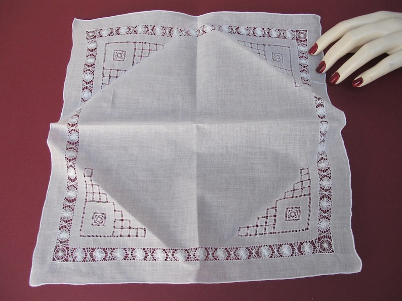 Two old handkerchiefs embroidered white cotton hands in their original box