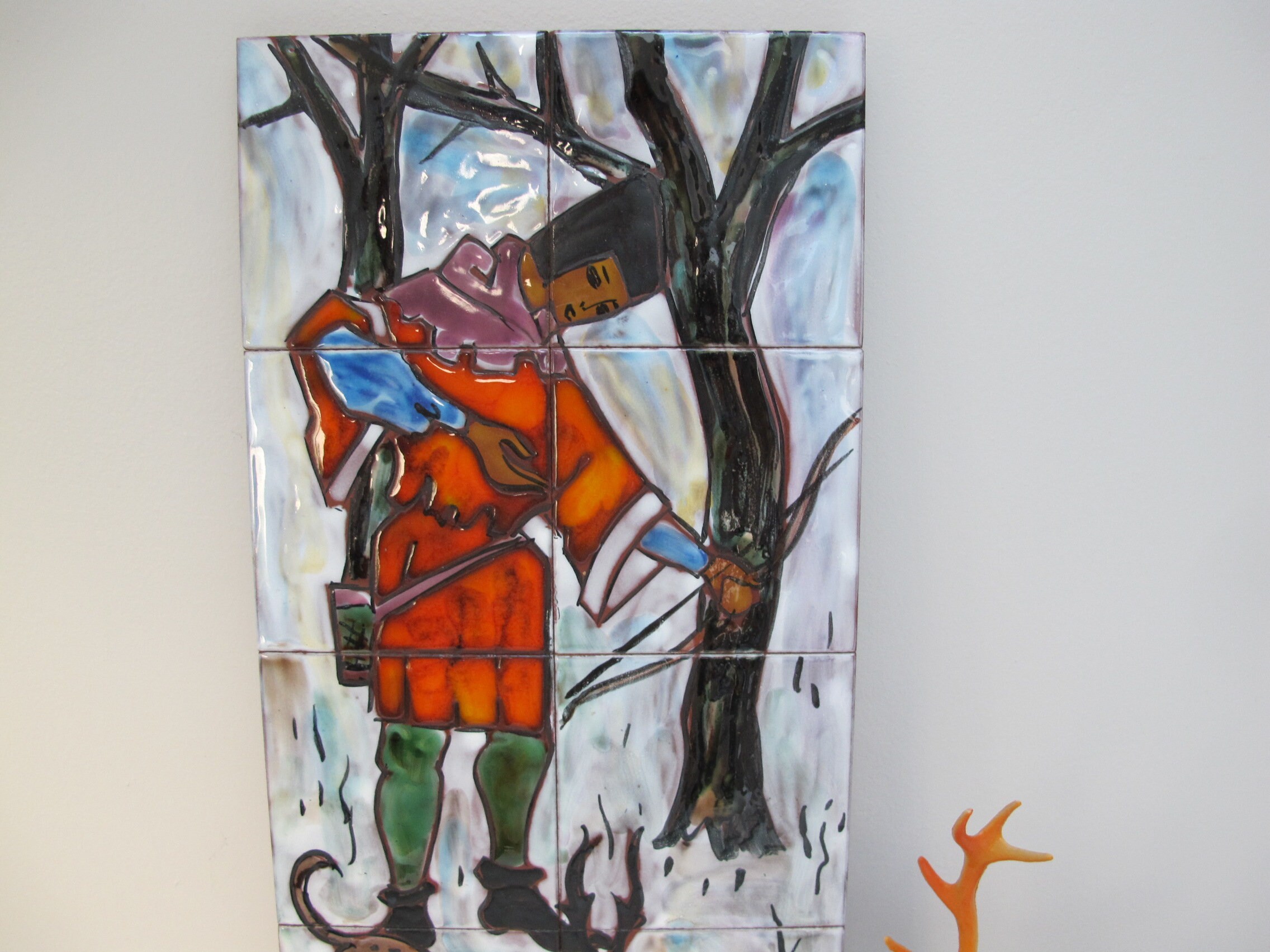 Panneau Décoratif Fresque en Carreaux de Céramique Émaillée, Scène Chasse, Style Vitrail