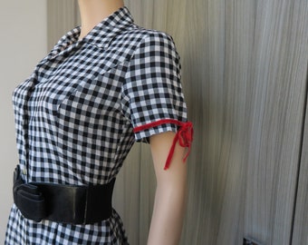 Black and white gingham shirt dress with red details, size S-M