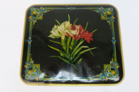 ANCIENNE BOITE MÉTAL art déco 20's fleur 15 cm rouge noir et dorée