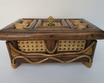 Cane and bamboo jewelry box with lock, unique and handcrafted item