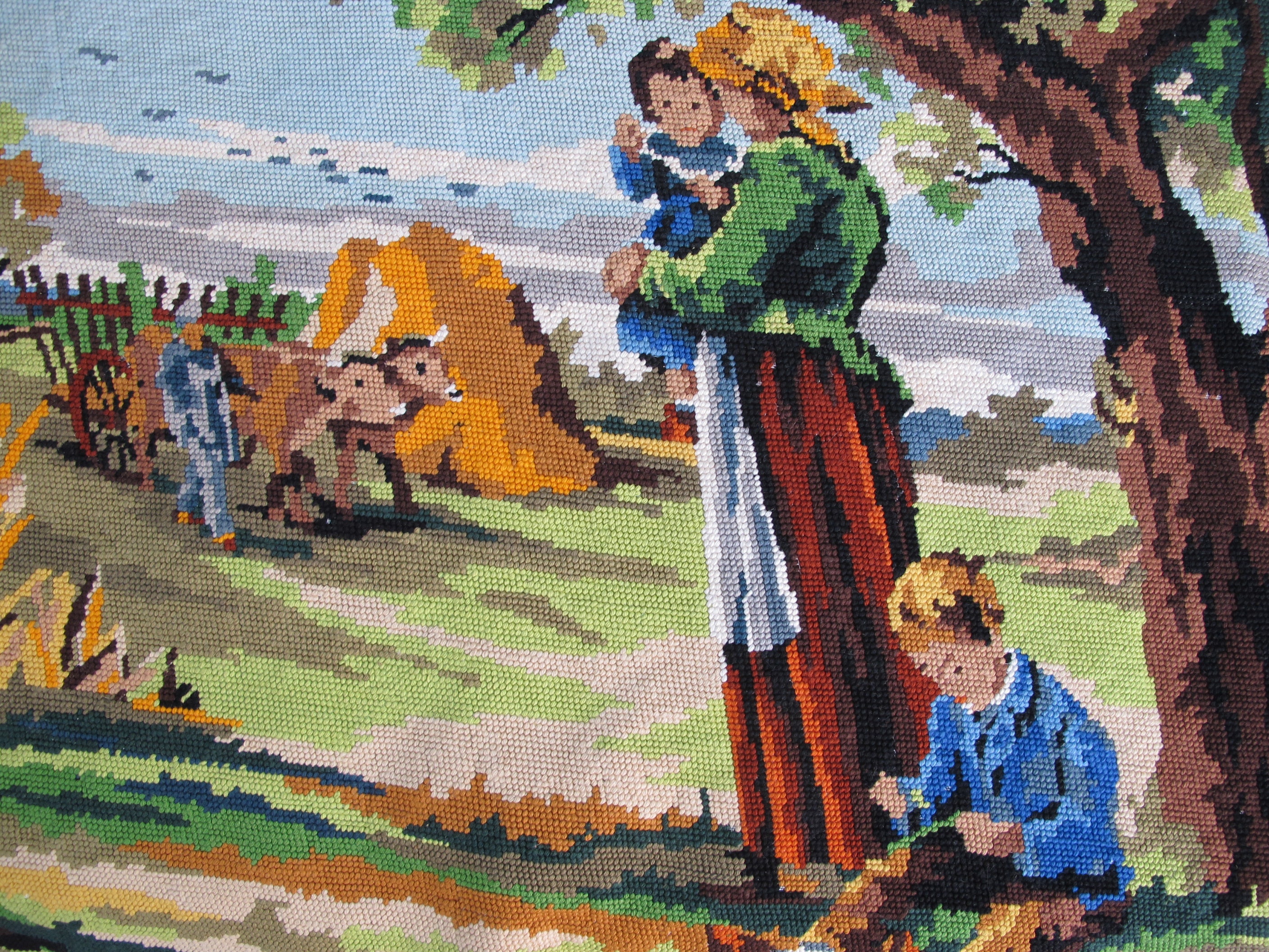 Canevas Tapisserie Grande Scène Pastorale, Moissons, Fait Main en France