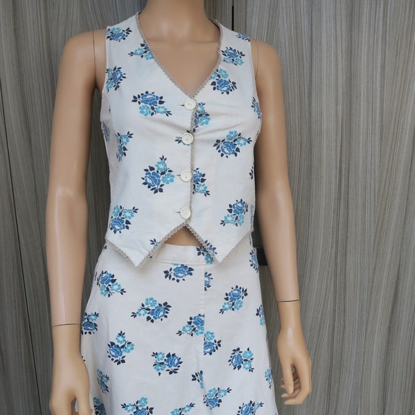 Ensemble gilet et jupe longue en coton 70s, taille XS