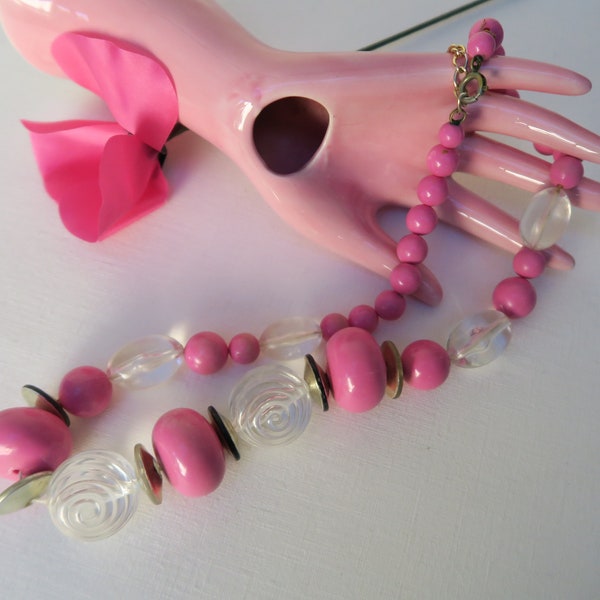 Collier de perles vintage rose et transparent