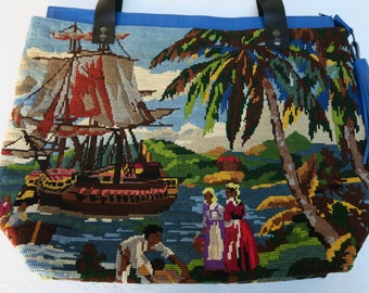 Bolsa de lona reciclada, estampado tropical.