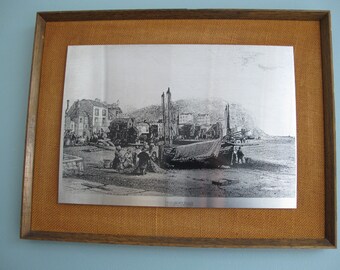 Vintage engraved metal engraving depicting the port of Hasting, England