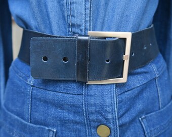 Navy leather belt with silver buckle