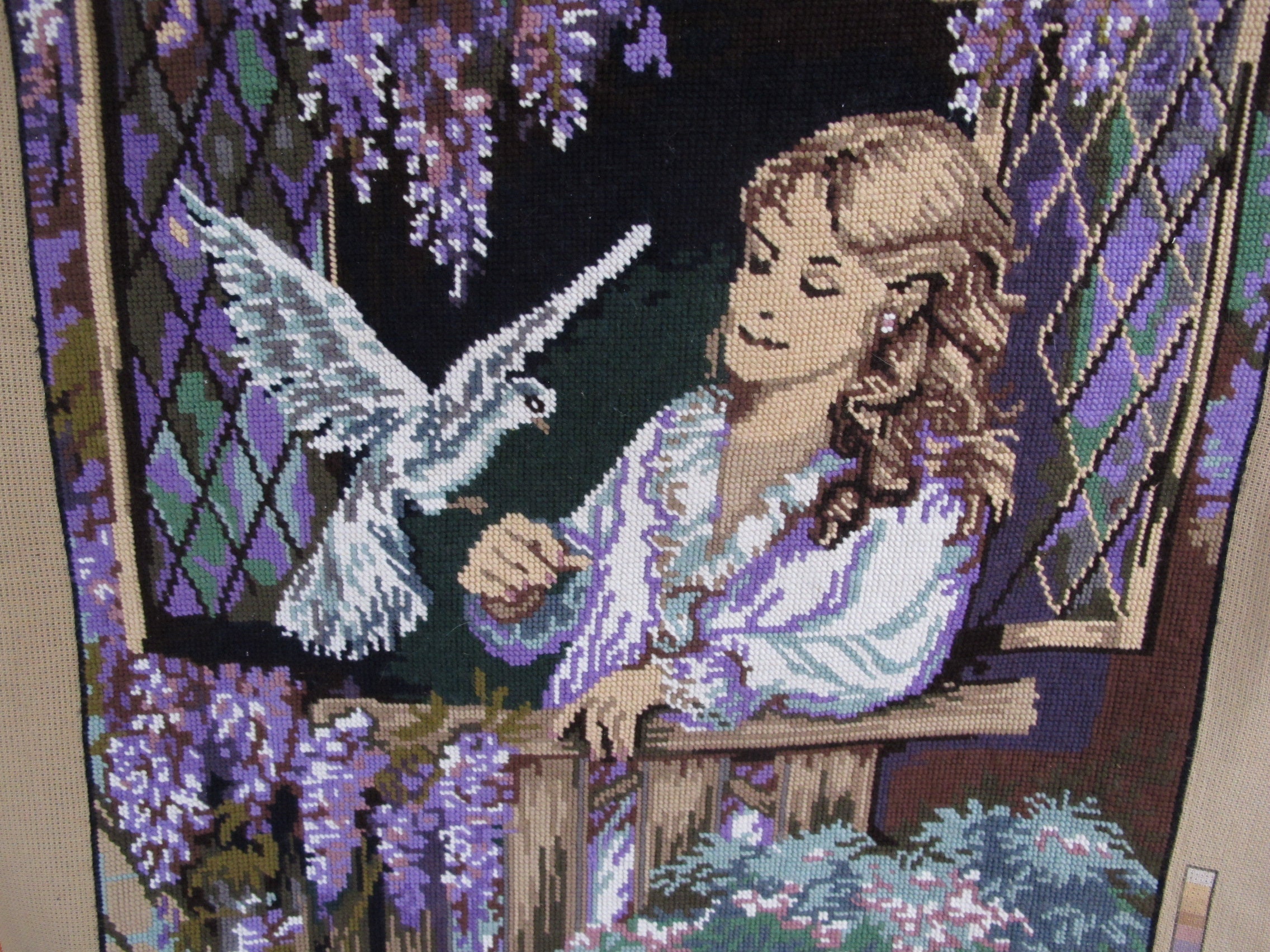 Ancien Canevas Tapisserie Les Glycines d'après Yev, Création Margot de Paris, Fait Main en France