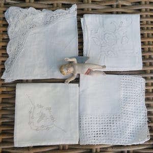Set of 4 white embroidered cotton handkerchiefs