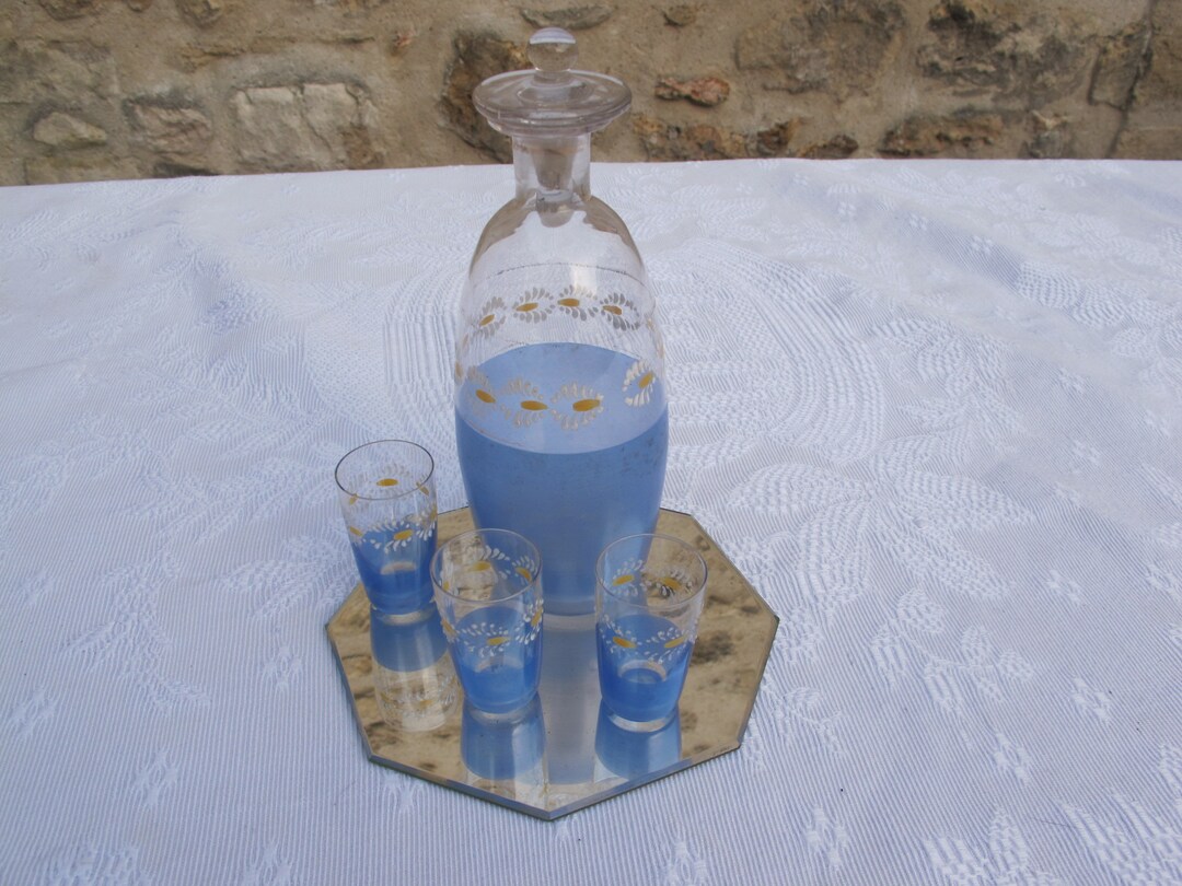 Carafe and Its Three Painted Glasses Etsy