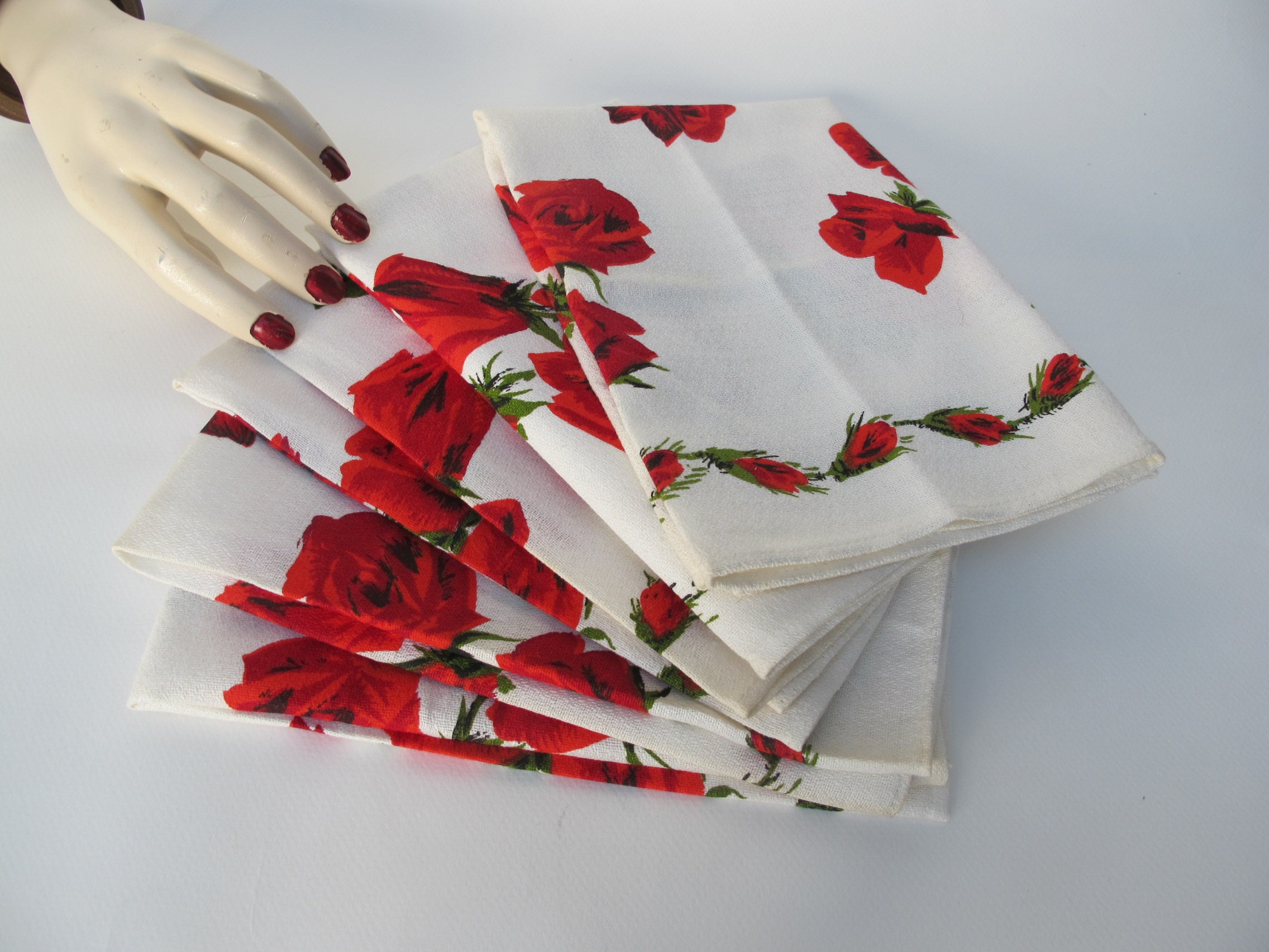 Lot de 6 Serviettes Table Vintage avec Des Roses Rouges, Années 50-60