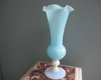 Large blue and white opaline vase