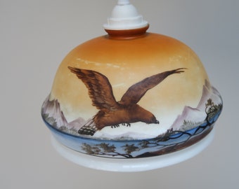 Vintage opaline glass pendant light with eagle decoration
