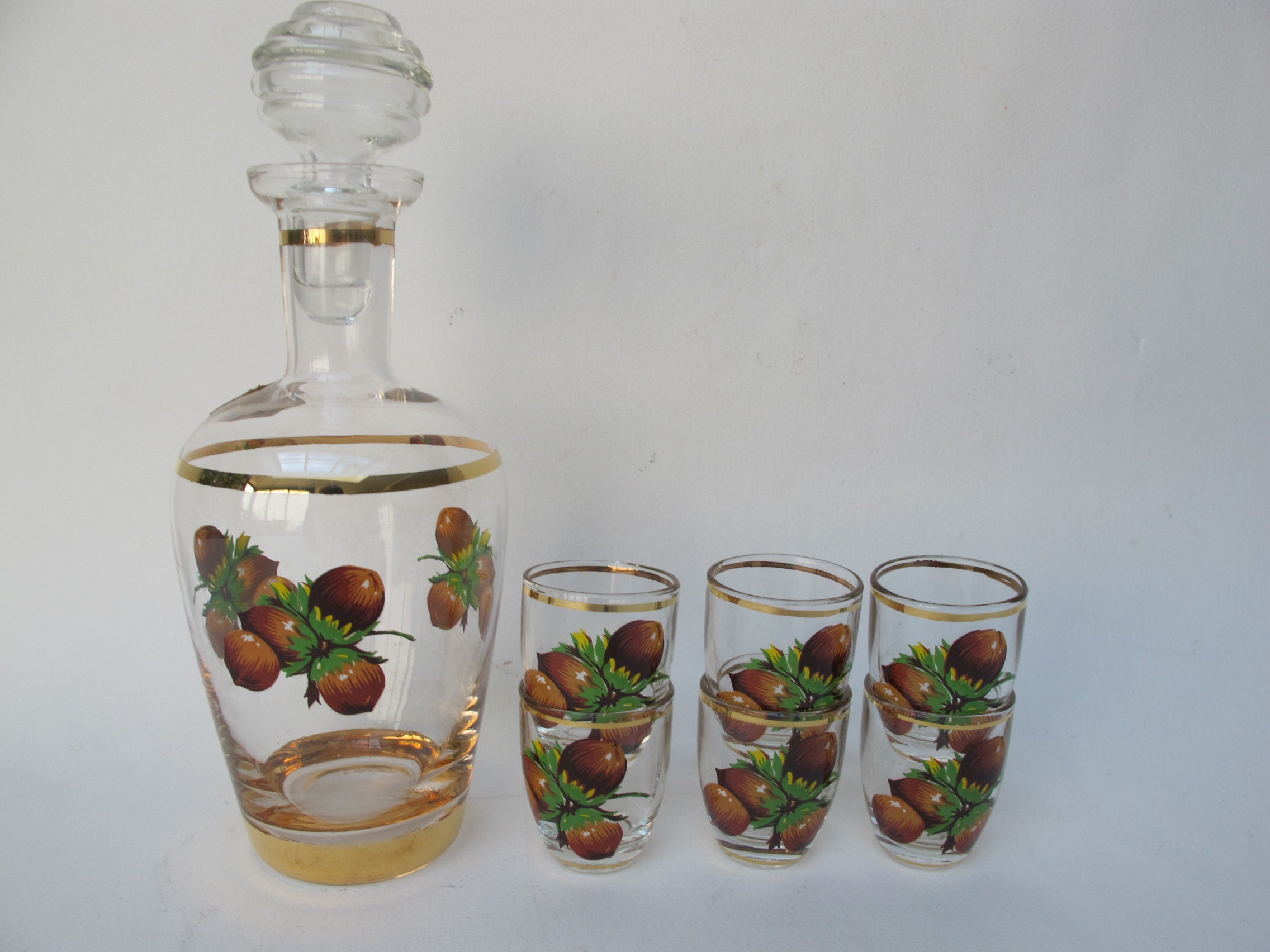 Service à Liqueur Noisettes, Une Carafe et 6 Petits Verres, Made in Italy, Cristallerie Artistiche D