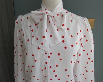 White blouse with red polka dots pussy-bow collar, size 36-38