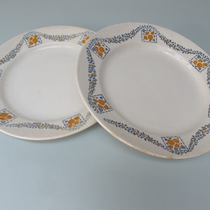 Two old HBCM plates, Creil Montereau, Georges model, art deco flower garland, chic countryside