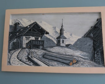 Carved wooden painting painted mountain chalet signed PRUDHOMME