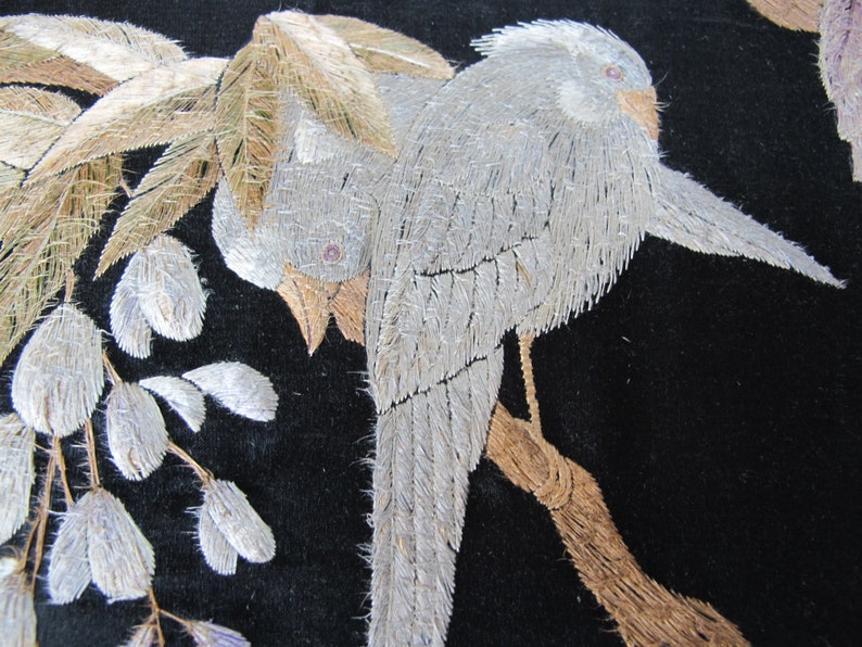Embroidered silk panel art embroidery Asian-inspired decorative panel birds in a flowering tree