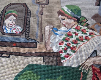 Canevas tapisserie femme devant sa coiffeuse, style country, fait main en France