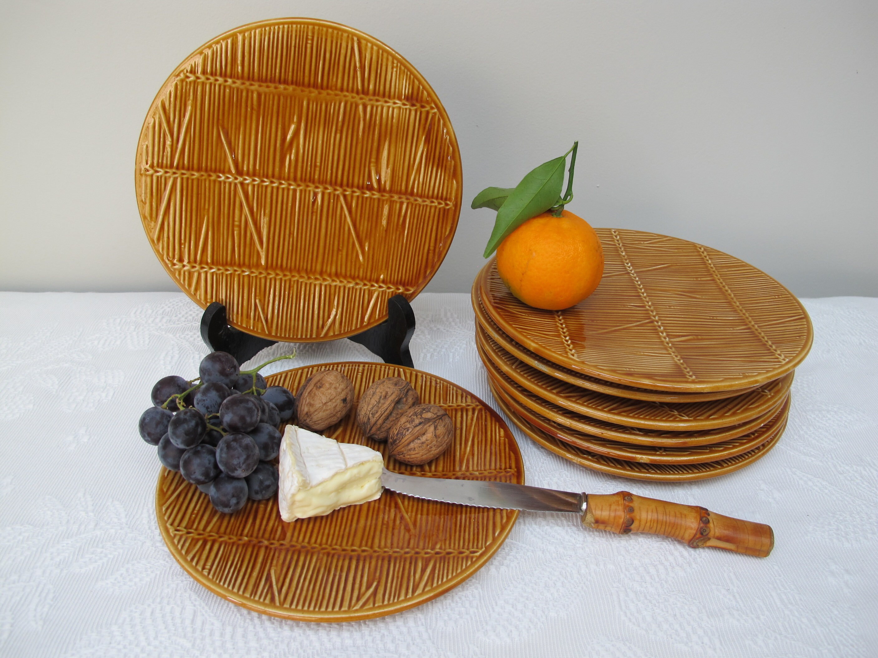 Lot de 8 Assiettes à Fromage ou Dessert Gien Création Val d'or, Made in France, Motif Paille