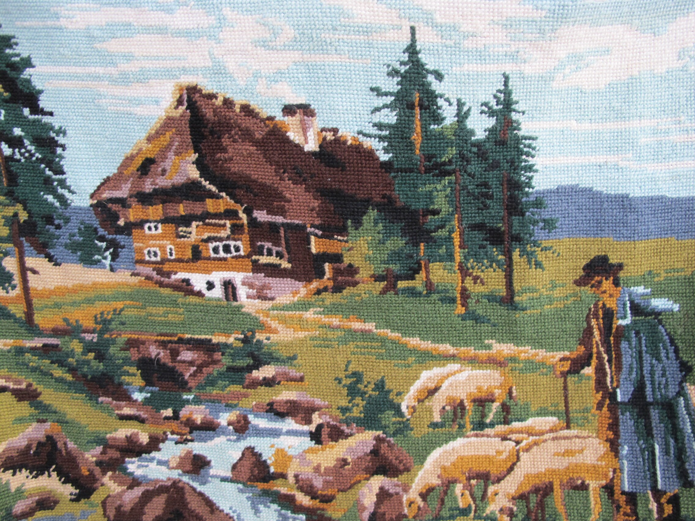 Tapisserie Canevas Paysage de Montagne, Berger et Son Troupeau Brebis