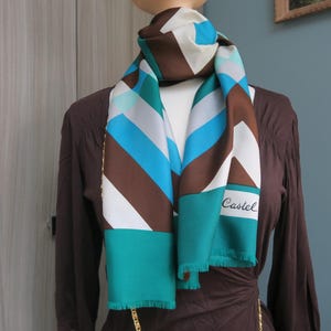 Foulard CASTEL En Soie - Vintage - 86x88 Cm - Bord Vert Fond Ivoire - Occasion
