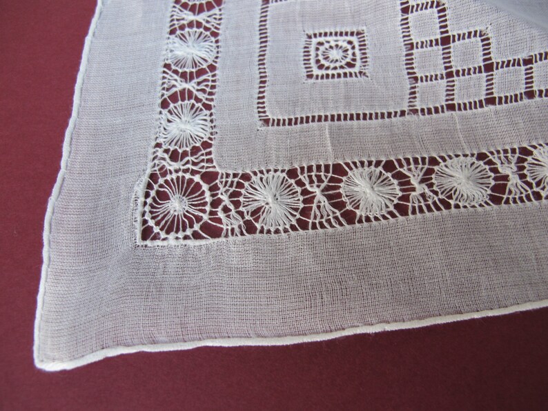Two old handkerchiefs embroidered white cotton hands in their original box