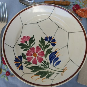 May include: A white ceramic plate with a brown rim and a floral design. The design features pink and blue flowers with green leaves on a white background with a cracked pattern.