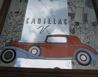 Grand Miroir Vintage Publicitaire Cadillac - Sérigraphie Années 30/40