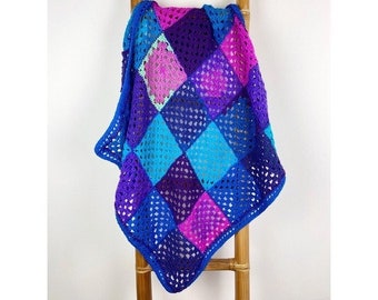 Granny Square Crochet Blue & Purple Afghan Throw Blanket