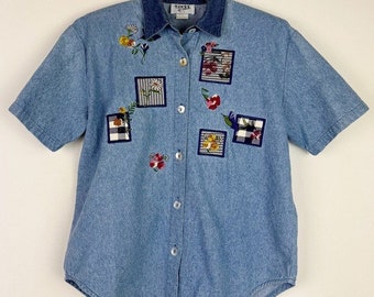 Teddi Vintage Denim Hummingbird Embroidered Blouse