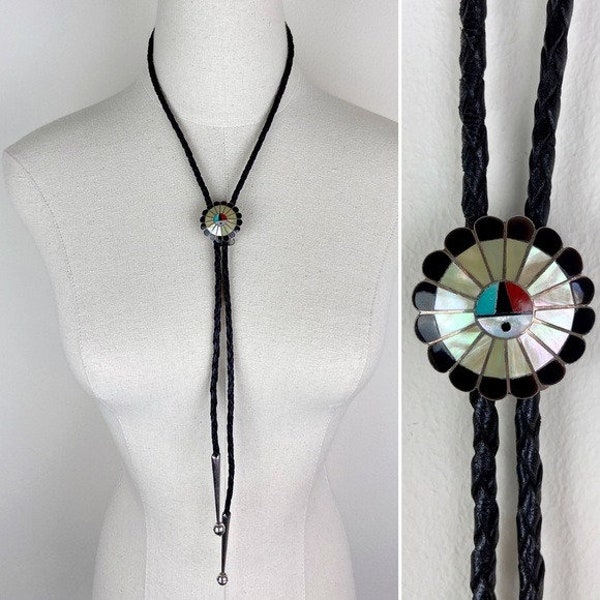 Vintage Zuni Sunface Inlay Bolo Tie