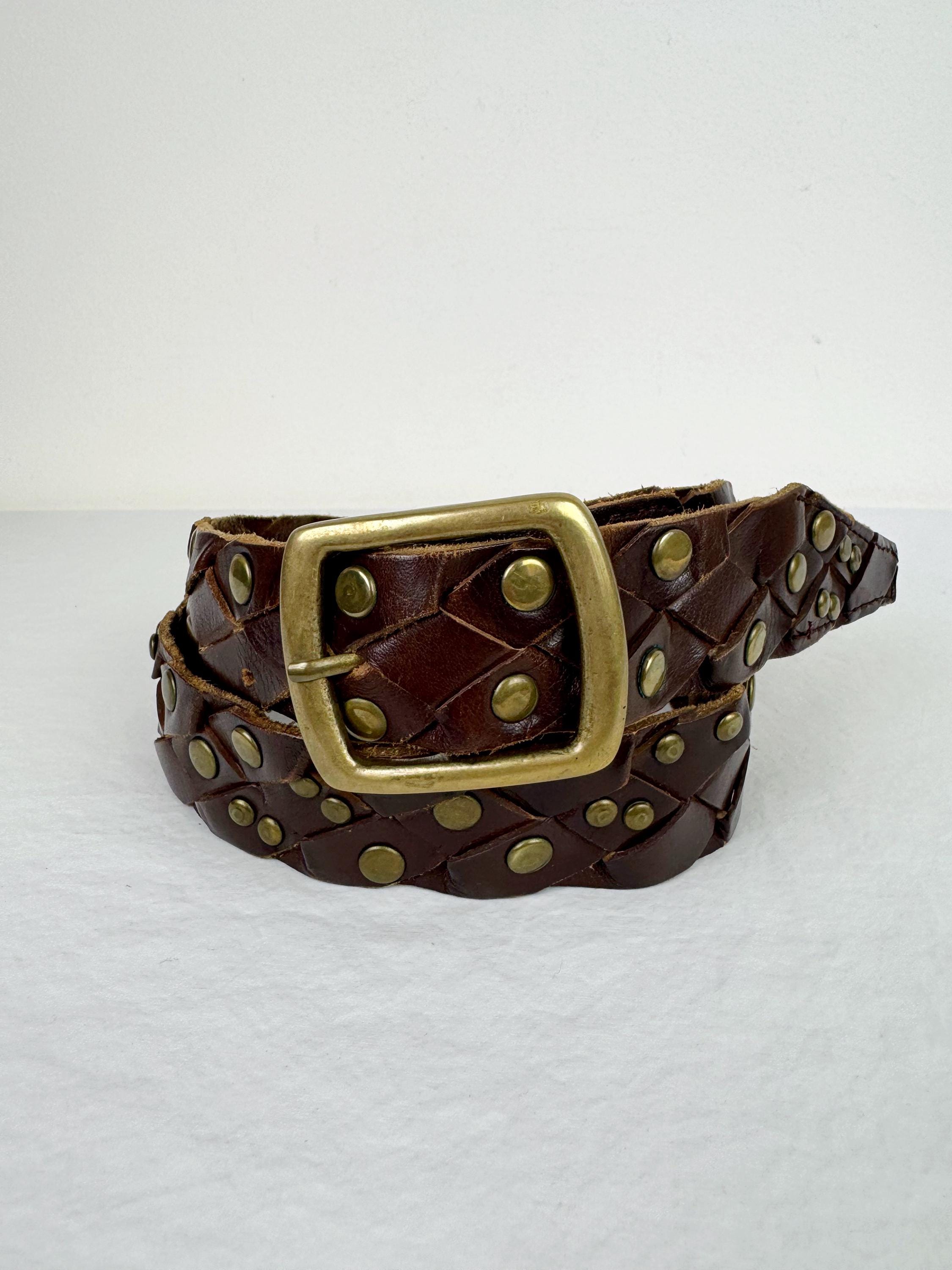 Vintage Gold Studded Braided Brown Leather Belt - Etsy
