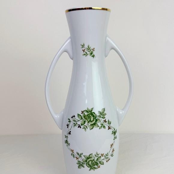 ELBE Made in Hungary 花瓶 Hollohaza Hungary Erika Green Floral Handled Porcelain Vase - Etsy
