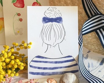カード セーラートップを着た若い女の子 - ブルターニュのファッション水彩画 - 母の日