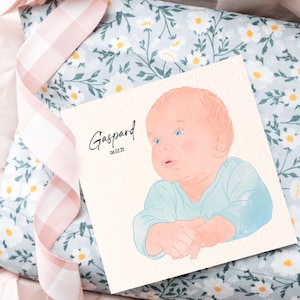Faire-part de naissance personnalisé- Carte de remerciement naissance - Portrait illustré de bébé