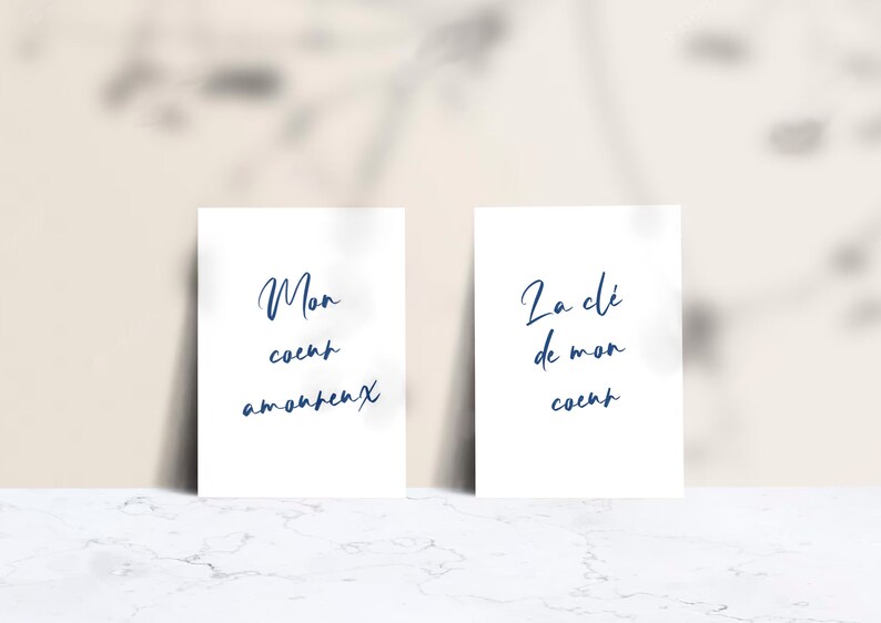 May include: Two white cards with blue text. The card on the left says 'Mon coeur amoureux' and the card on the right says 'La clé de mon coeur'.