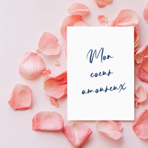 May include: A white card with the text 'Mon coeur amoureux' written in blue ink on a pink background with pink rose petals scattered around the card.