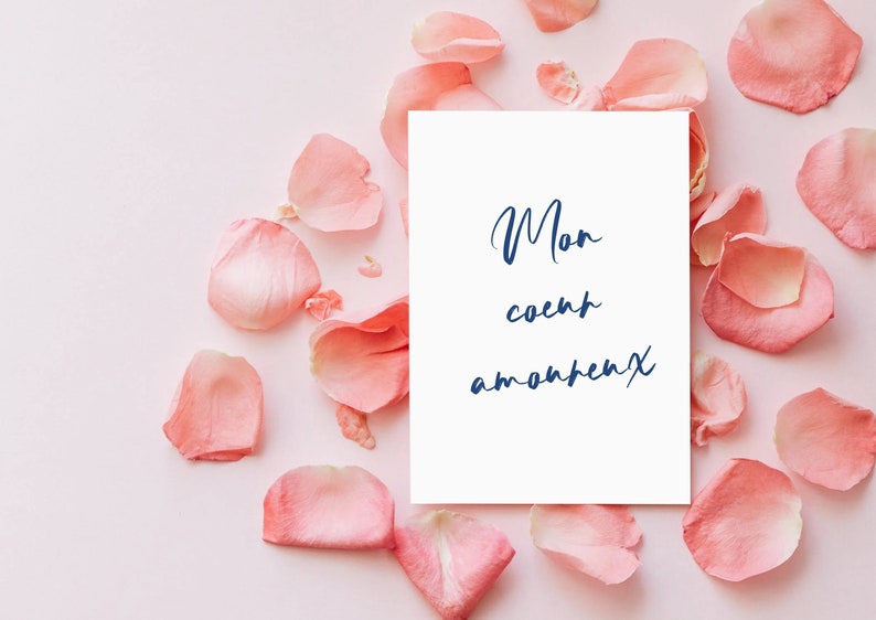May include: A white card with the text 'Mon coeur amoureux' written in blue ink on a pink background with pink rose petals scattered around the card.
