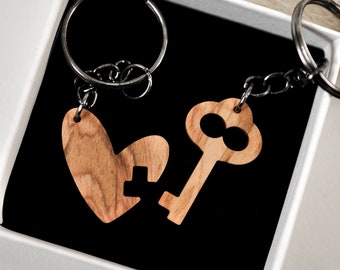 Set of 2 Wooden Keychains for Couple or Friends - Heart and Key matching Puzzle Keyrings